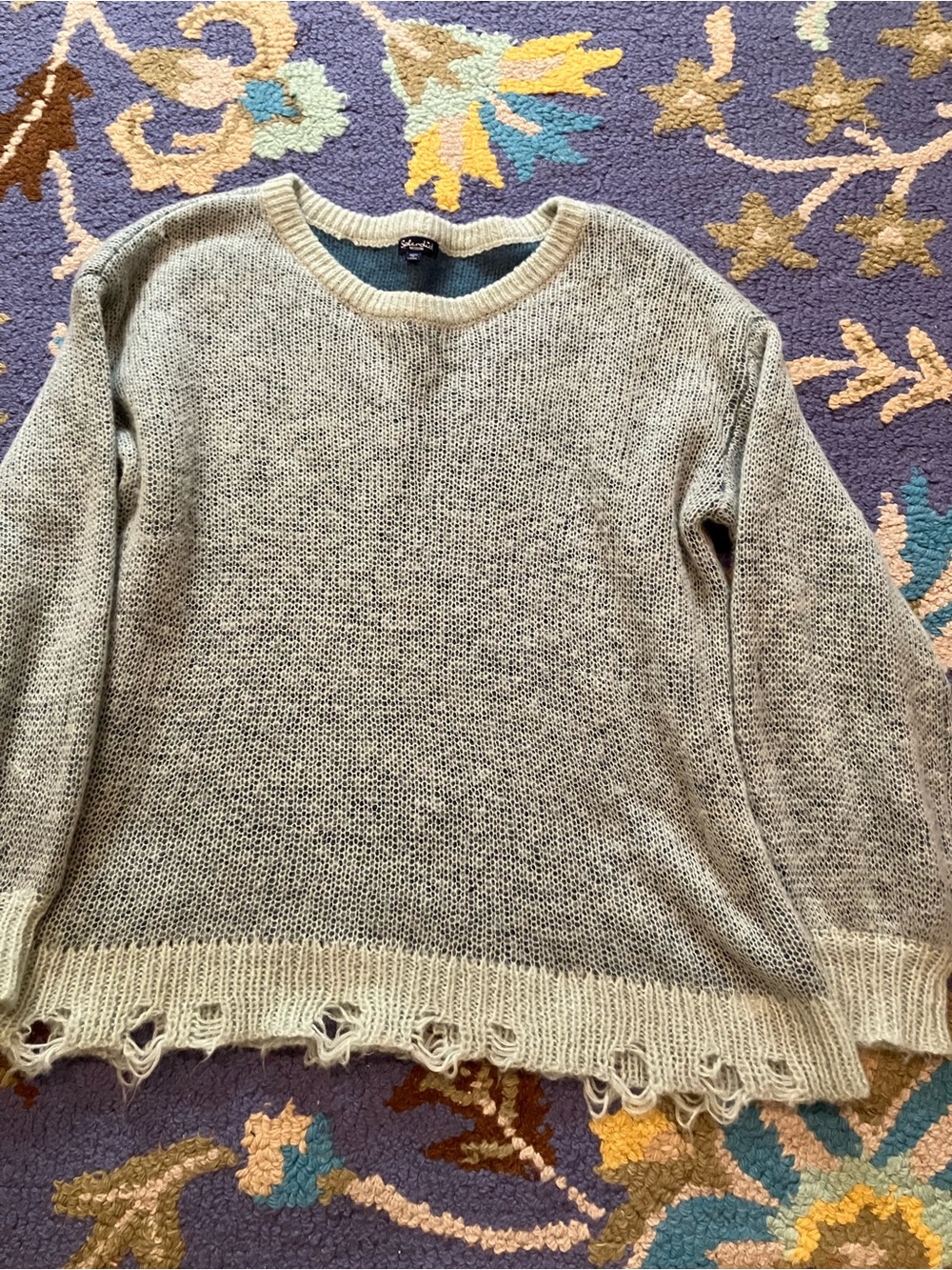 Thread & Supply Distressed Hem Crewneck Sweater - Gray/Cream